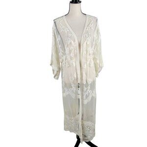 Dizzy Gal Size S Ivory Lace Floral Open Front Kimono / Swimsuit Cover. *Has Flaw